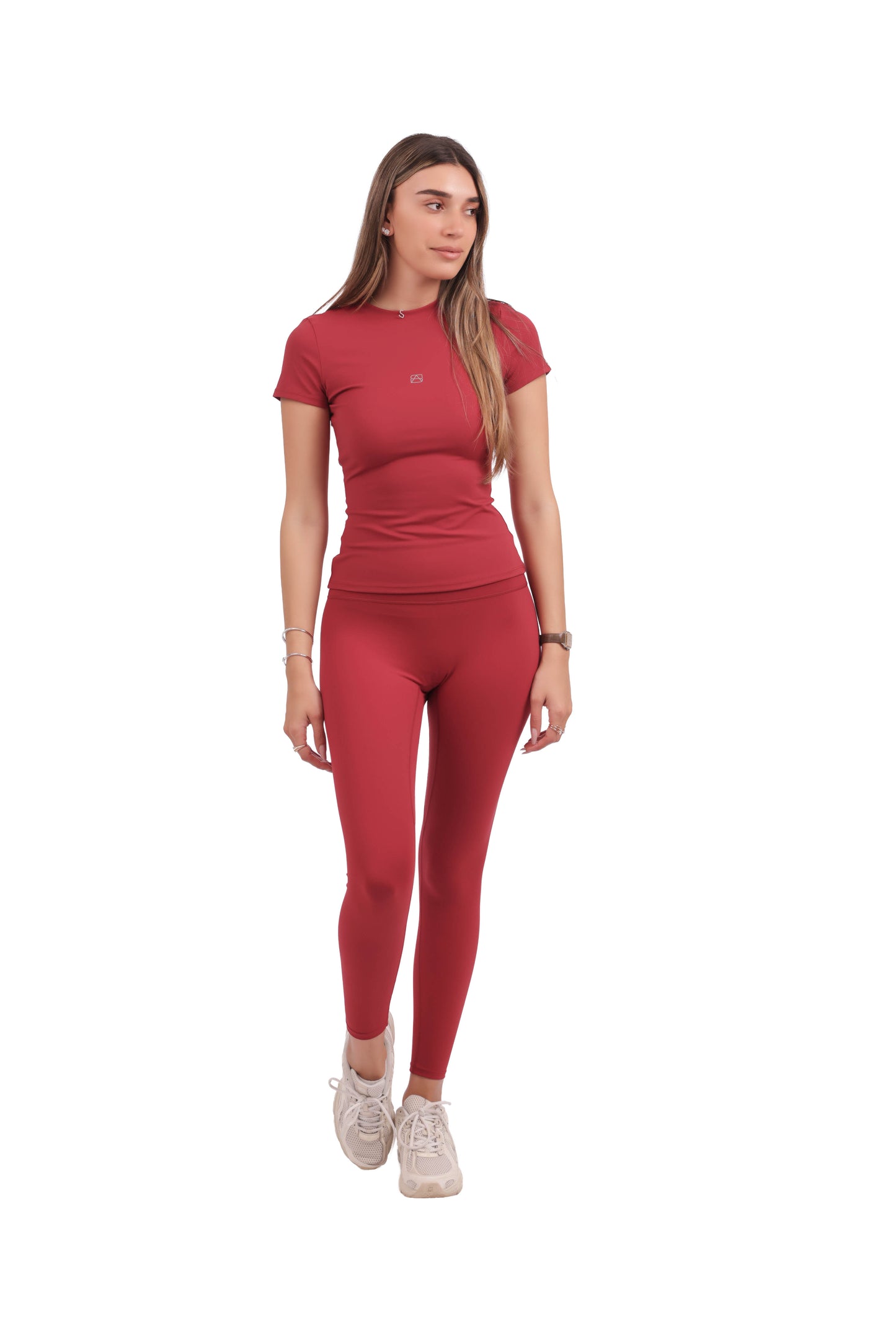 חולצת טי עם צווארון עגול, שרוולים קצרים + טייץ ללא תפר קדמי