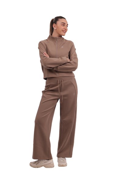 Mocha Brown Tracksuit -  Stand collar jacket with drawstring wide-leg pants